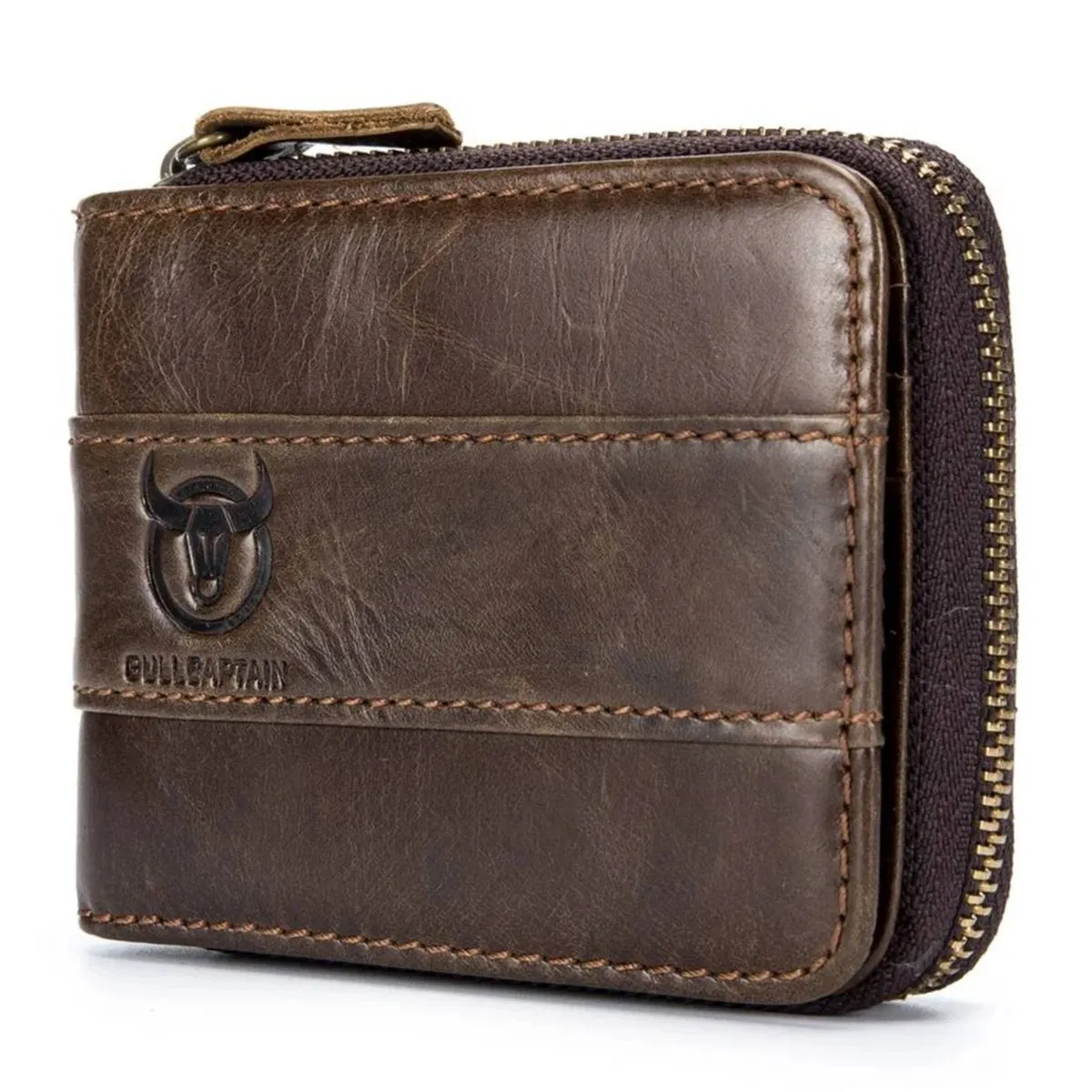 Bullcaptain Sullivan RFID Blocking Men's Bifold Zipper Leather Wallet Brown