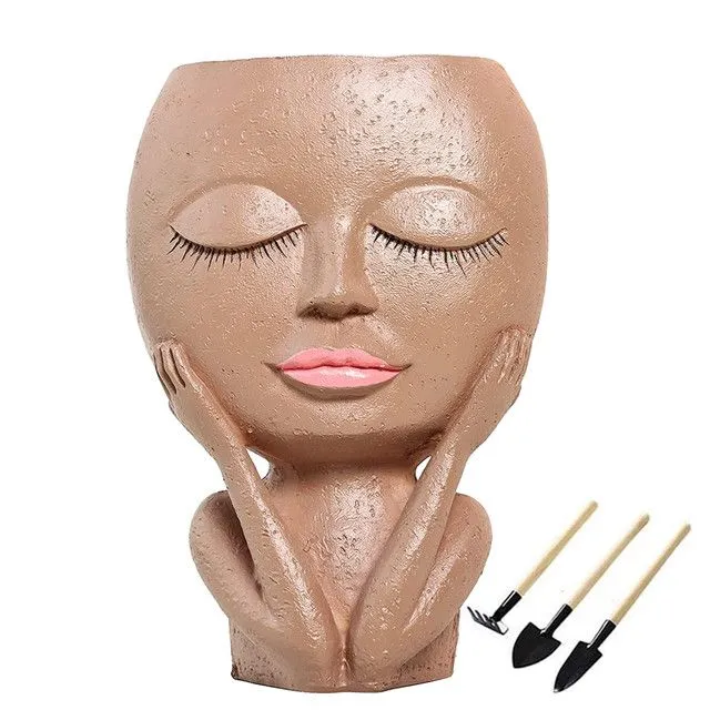 Face Flower Pot Resin Head Planter For Succulent Indoor Outdoor - Brown