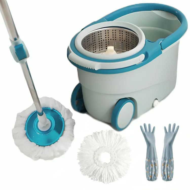 360 Spin Mop Set - Dual-Drive Mop Bucket,Home Use Clean + Plush Gloves - Blue