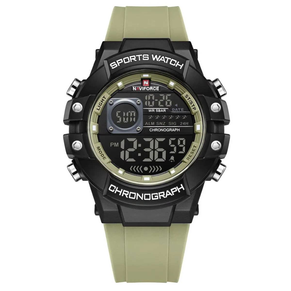 Naviforce Men's Throttle LCD Chronograph Rubber Strap Digital Watch Khaki