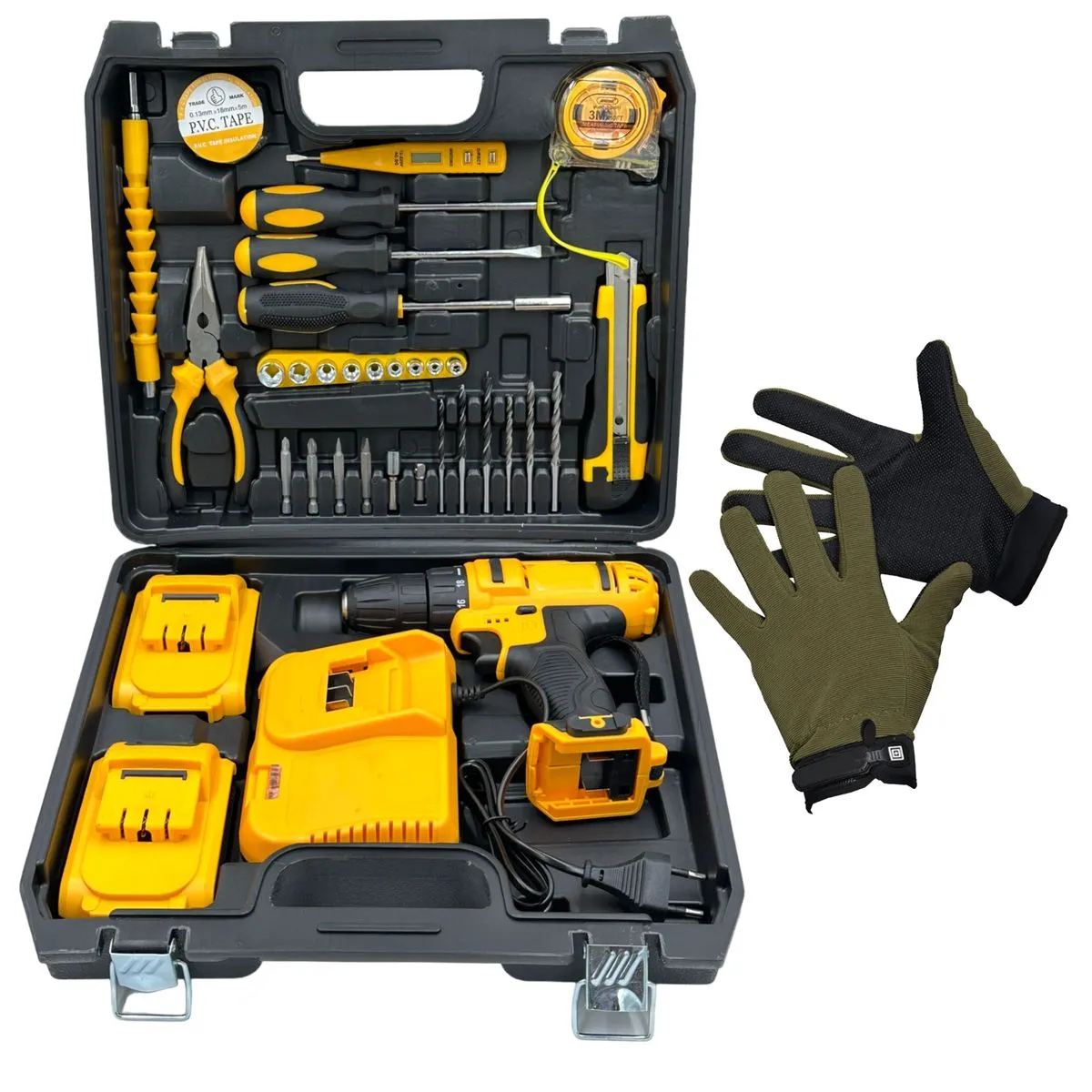 34 Piece Wireless Drill Set With 2 Lithium Battery Packs, Case & Gloves