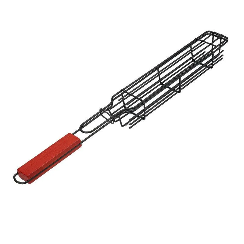 QCOFFICIAL Wooden Handle Braai Sausage Grill Basket - Non-Stick BBQ Cage