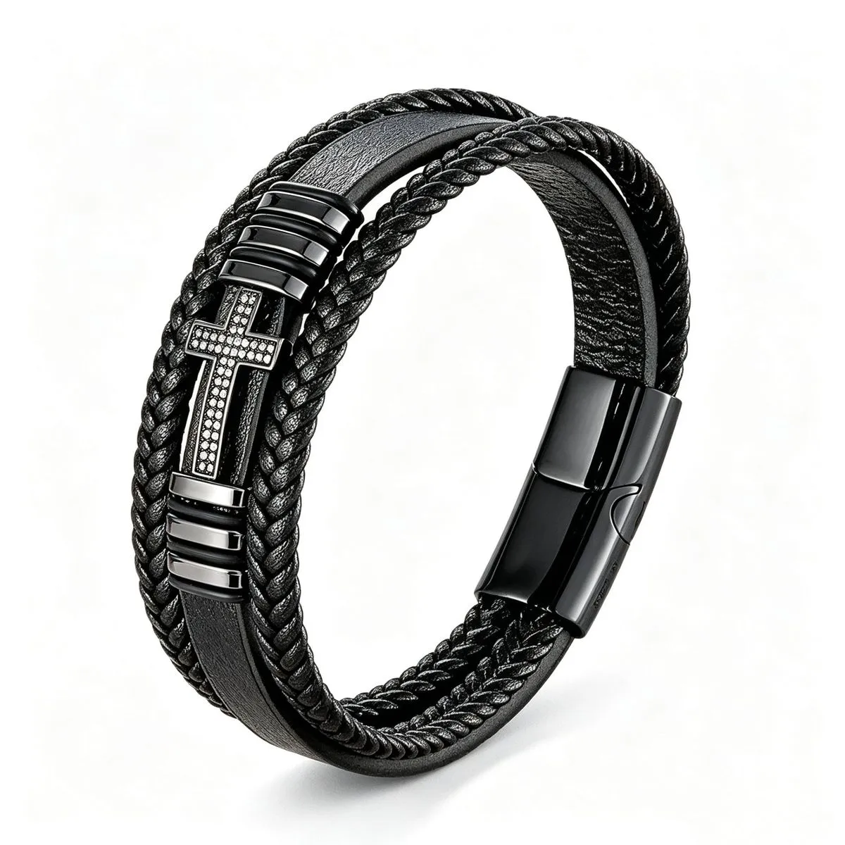 Jesus Cross Charm Cubic Zirconia Men Bracelet Woven Leather Rope Bracelets - Black