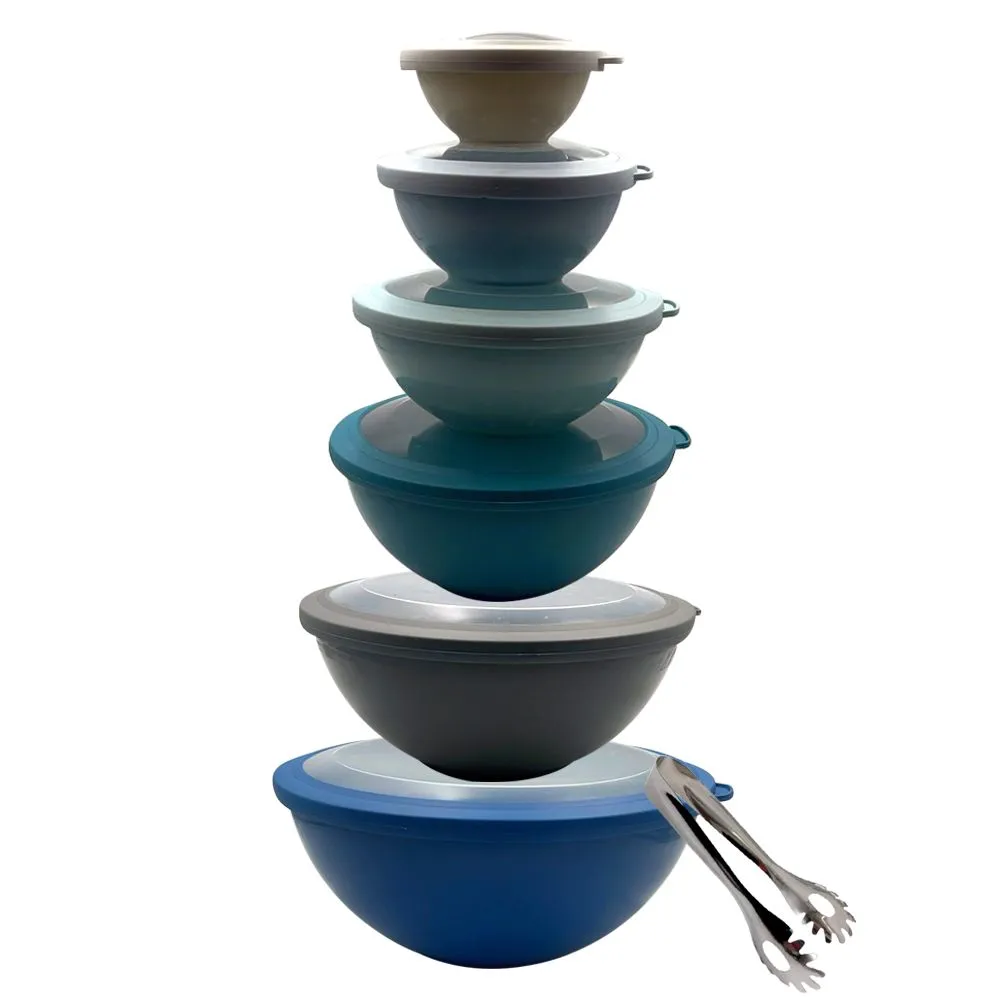 Set of 13 - New Lid Design Plastic Nesting Bowls Set with Pasta Tongs - Blue