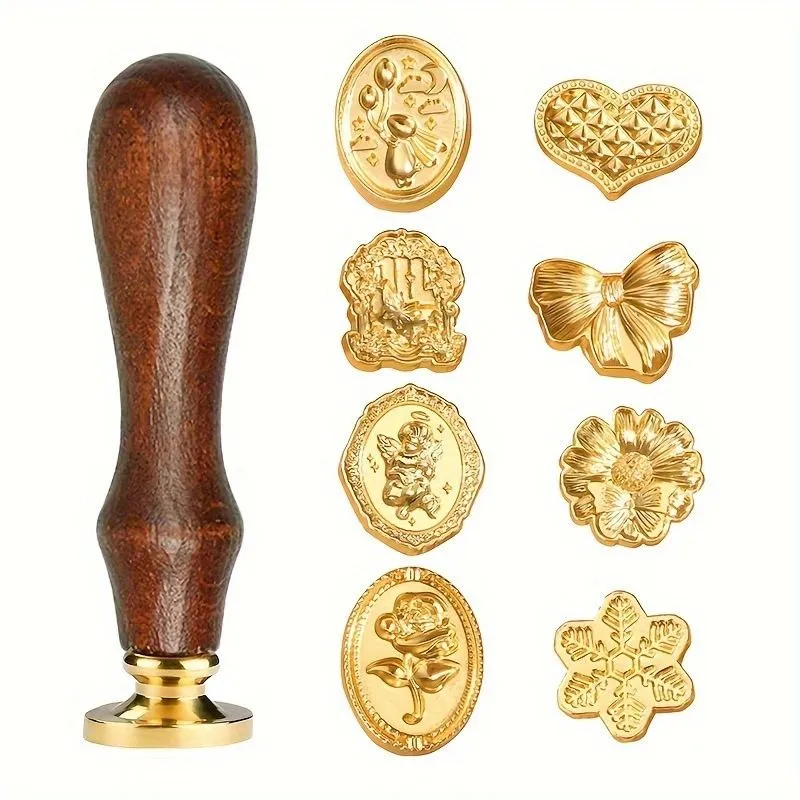 9 Pieces Sealing Wax Stamps Copper Seals with Wood Handle Stamp Set