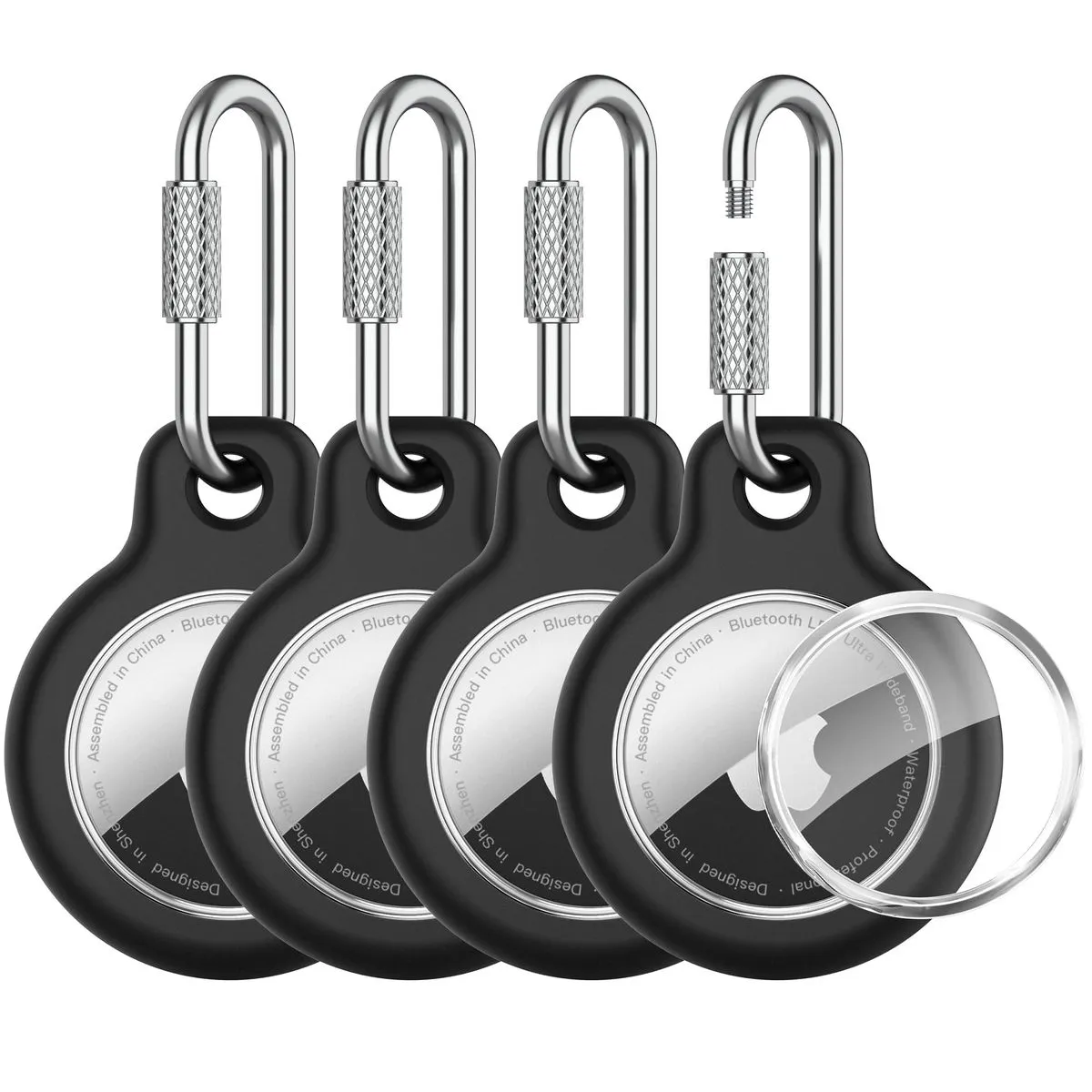 4 Pcs AirTag Holder, KeyChain, Screw Lock Carabiner, TPU - Black