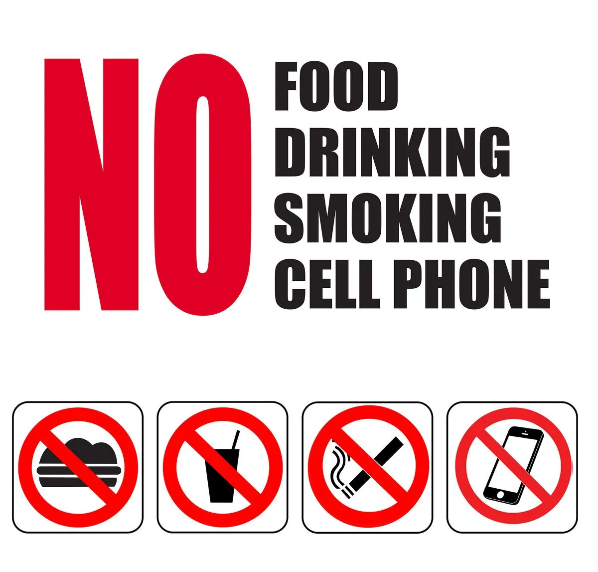 No Food Drinking Smoking Cellphone 19x19cm Sign - 6 Pack.