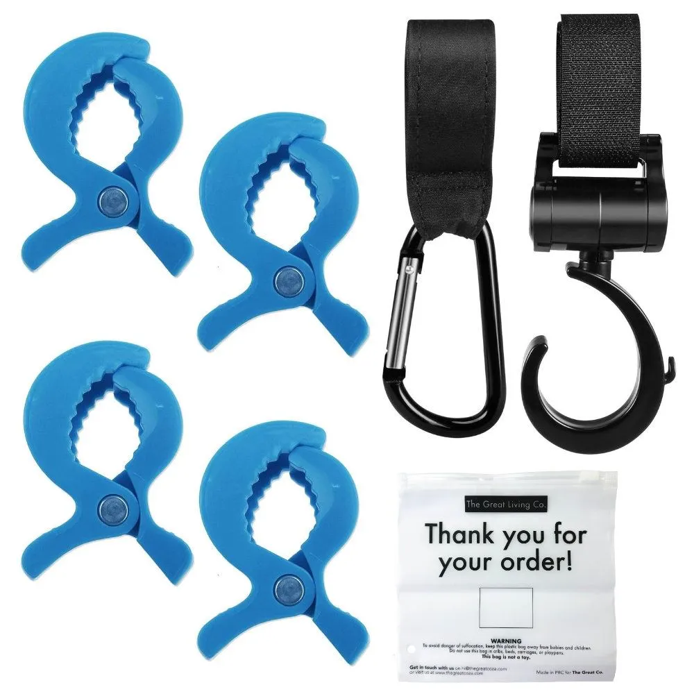 Durable Stroller Clips & Hooks Set with Reusable Zipper Bag 7-Piece - Blue Black