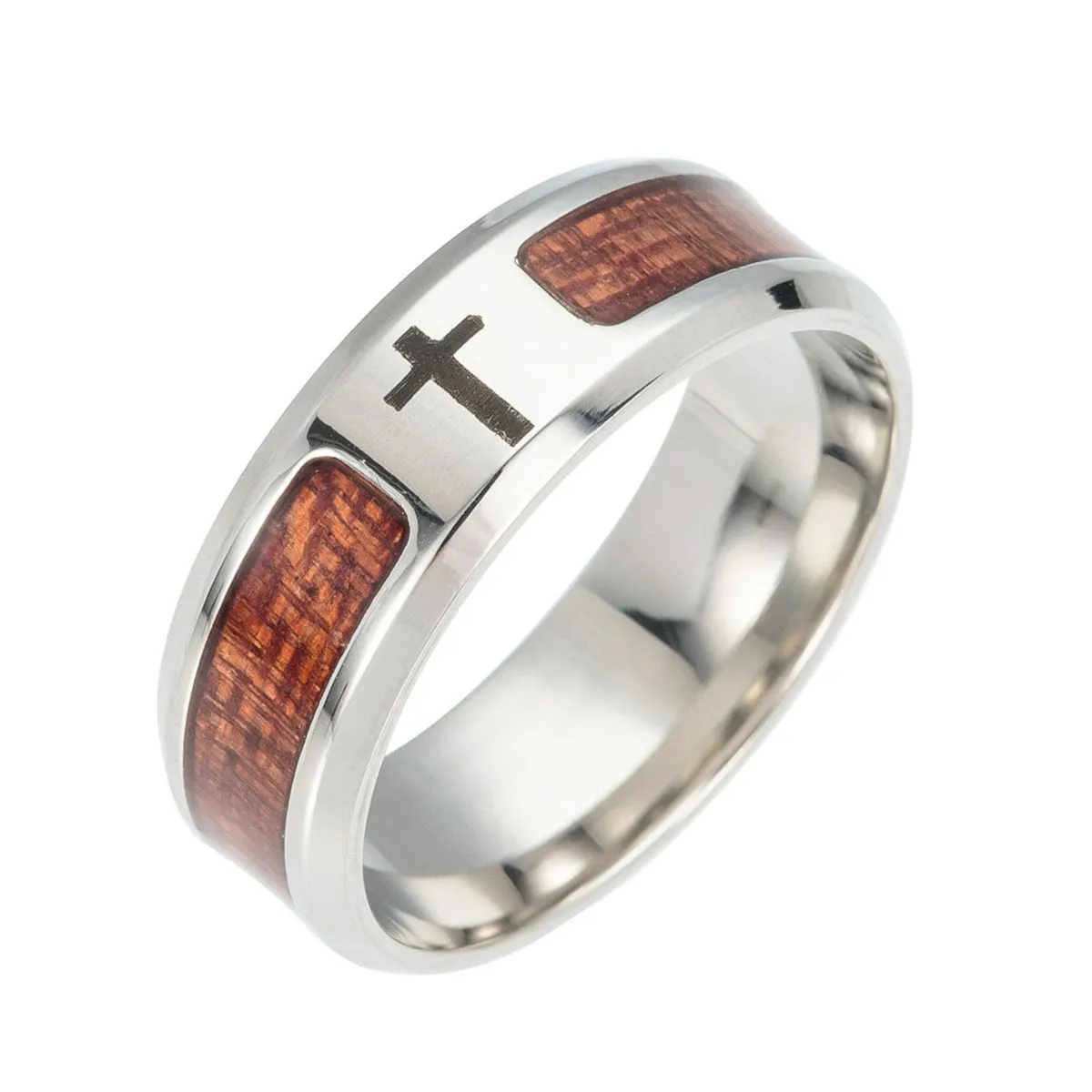 Men's Nature Koa Wood Inlay Ring 8mm Domed Stainless Steel Cross Silver