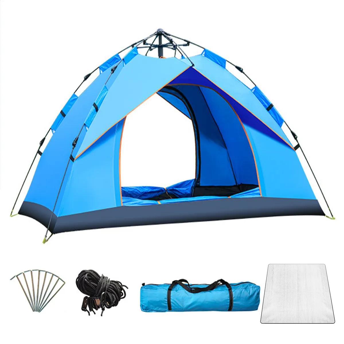 Auto Pop Up Tent Waterproof Windproof Double Door Portable Camping-3-4P - Blue