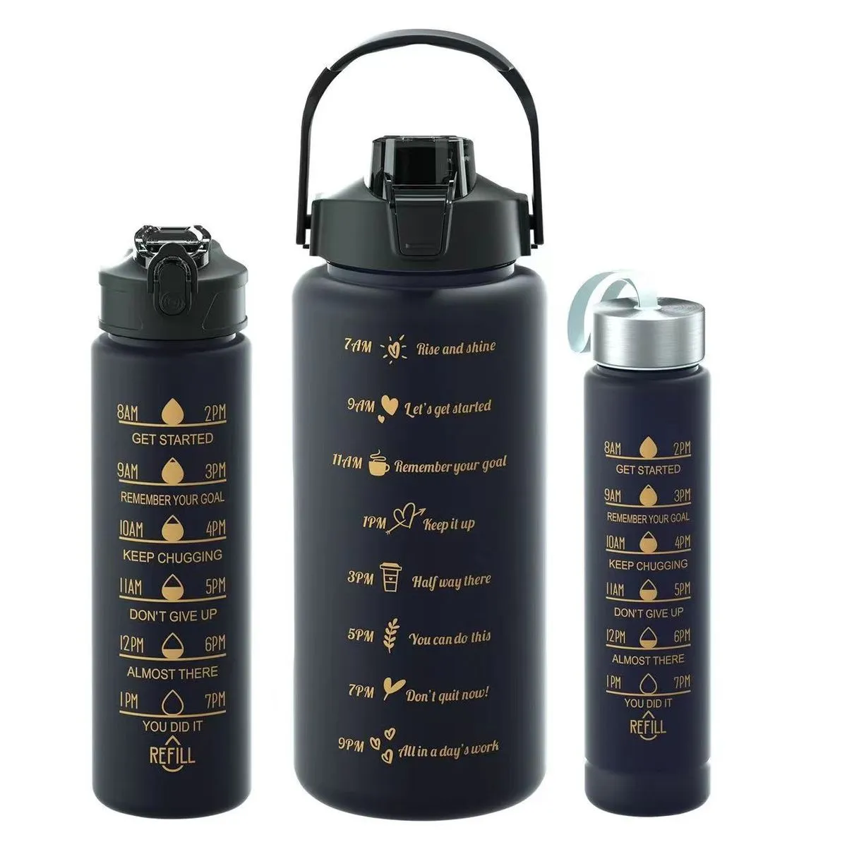 2L Motivational Sport Water Bottles with Straw and Time Maker - 3-Piece - Black