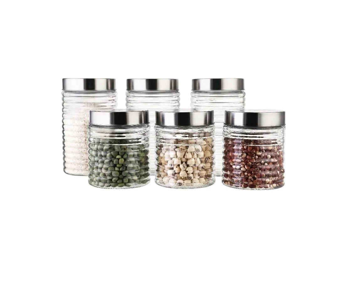 Ribbed Glass Food Storage Canister Set with Stainless Steel Lids - 6 Piece