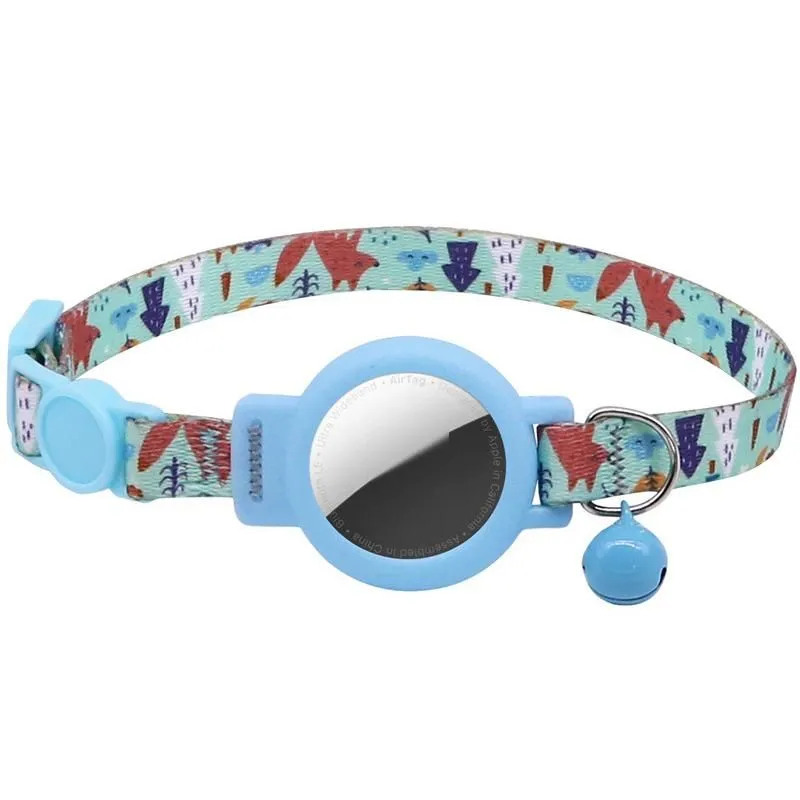 Anti Choking Cat Collar with AirTag Holder and Bell - Blue Forest