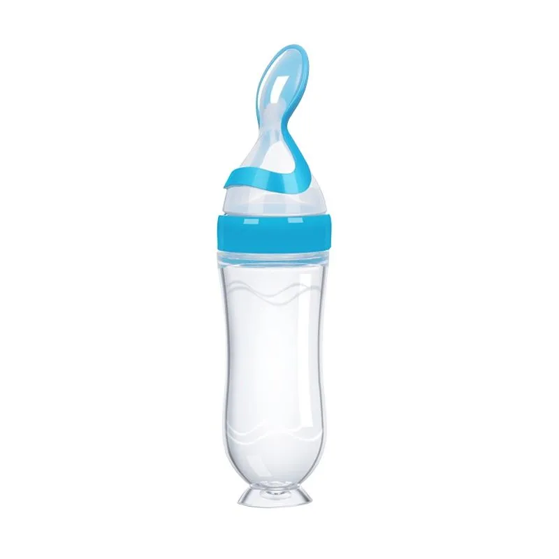 Silicone Squeeze Feeding Bottle with Spoon for Baby Cereal - Blue