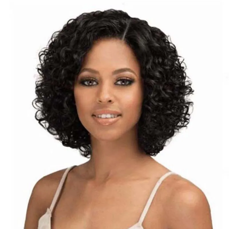 African ladies small curved curly hair black short Wig