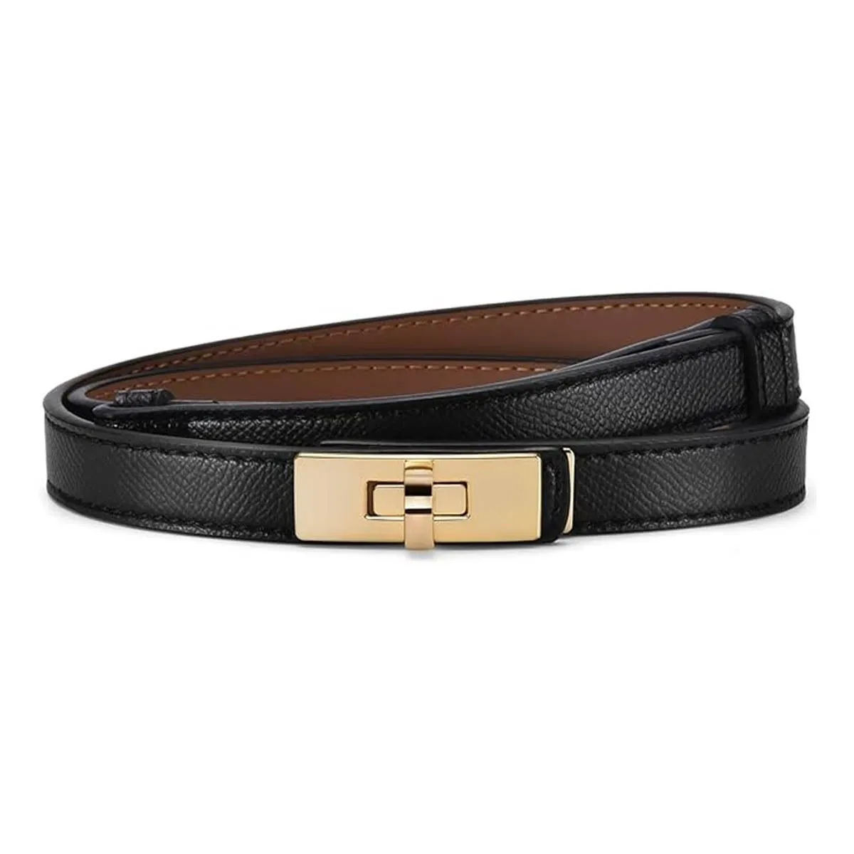 Women's Skinny Leather Belt with Gold Adjustable Thin Belt for Dresses