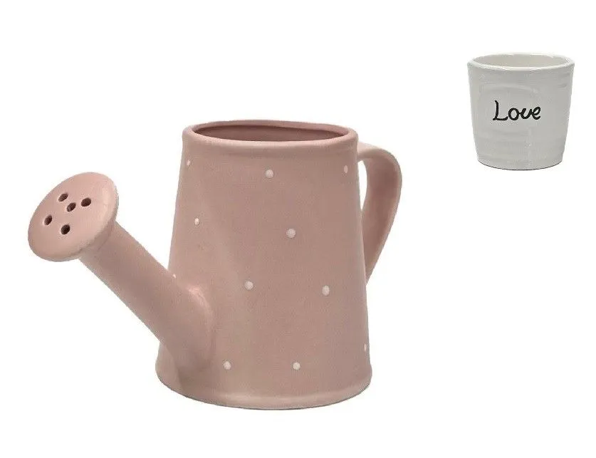 20cm Ceramic Watering Can with Dots and Small Ceramic Pot - Pink