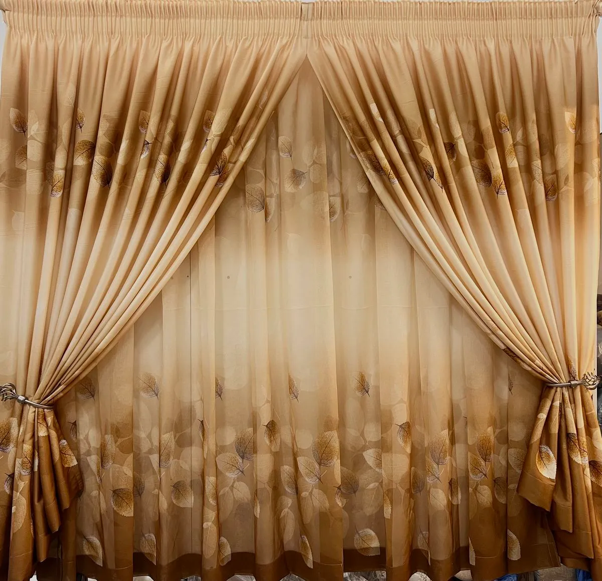 Gold, Brown Light-Filtering Leaf Living Room Taped Curtains 400 W X 230 H