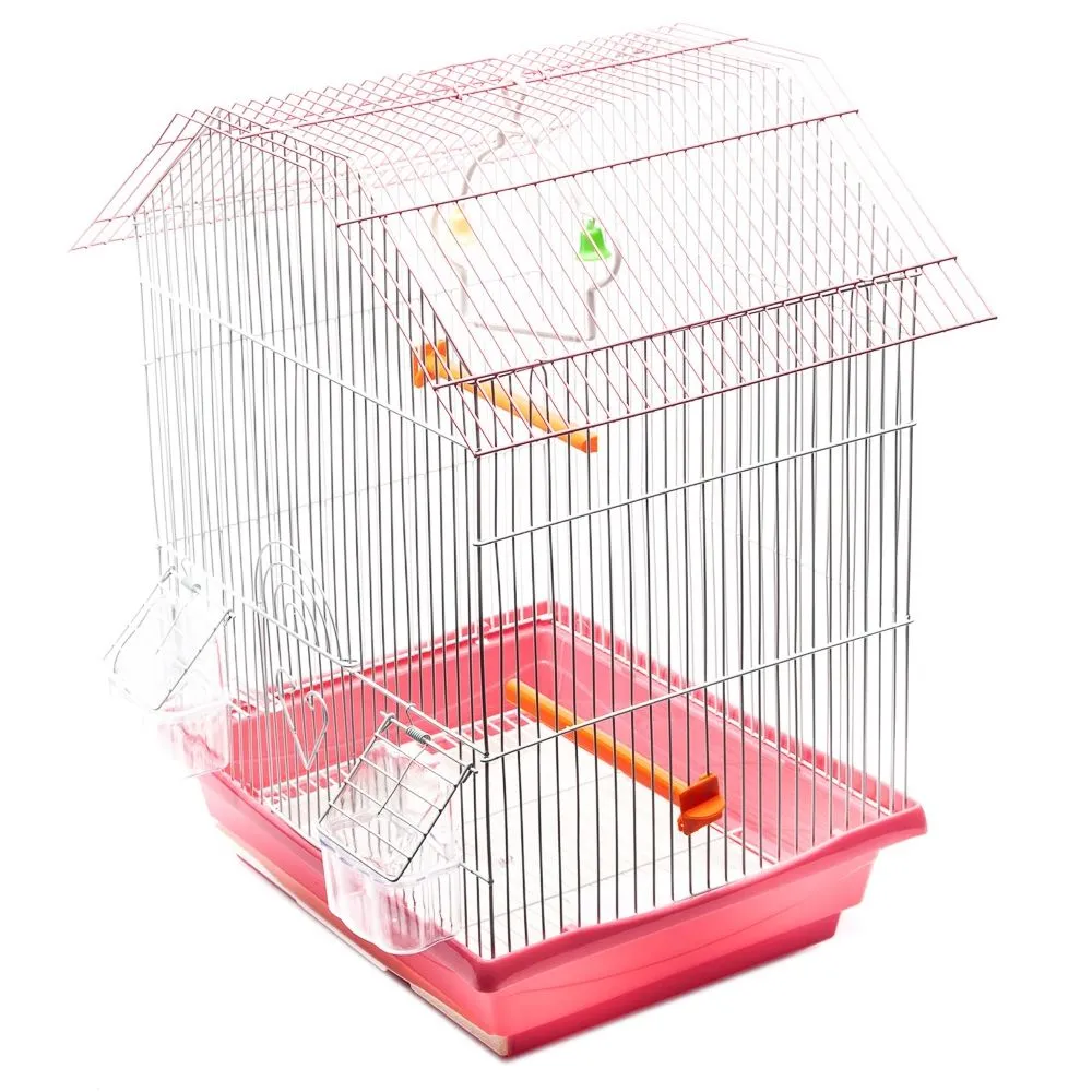 Pitched Roof Bird cage with Accessories 36x28x46cm - Pink