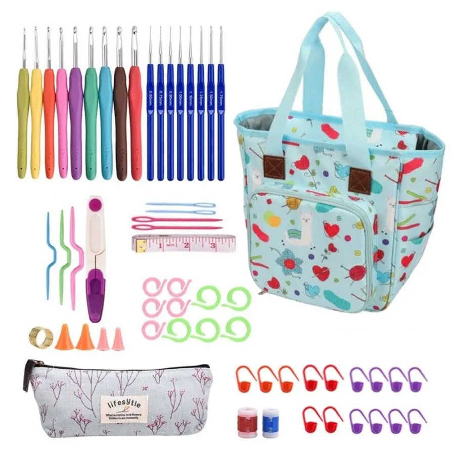 59-Piece Crocheted Hook Set Accessories Sweater Knitting Needle Storage Bag - Green