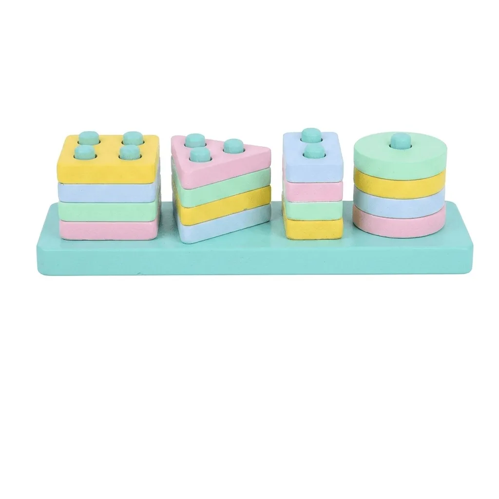 17 Piece - Wooden Shape Sorting And Stacking Puzzle Board - Blue, Yellow
