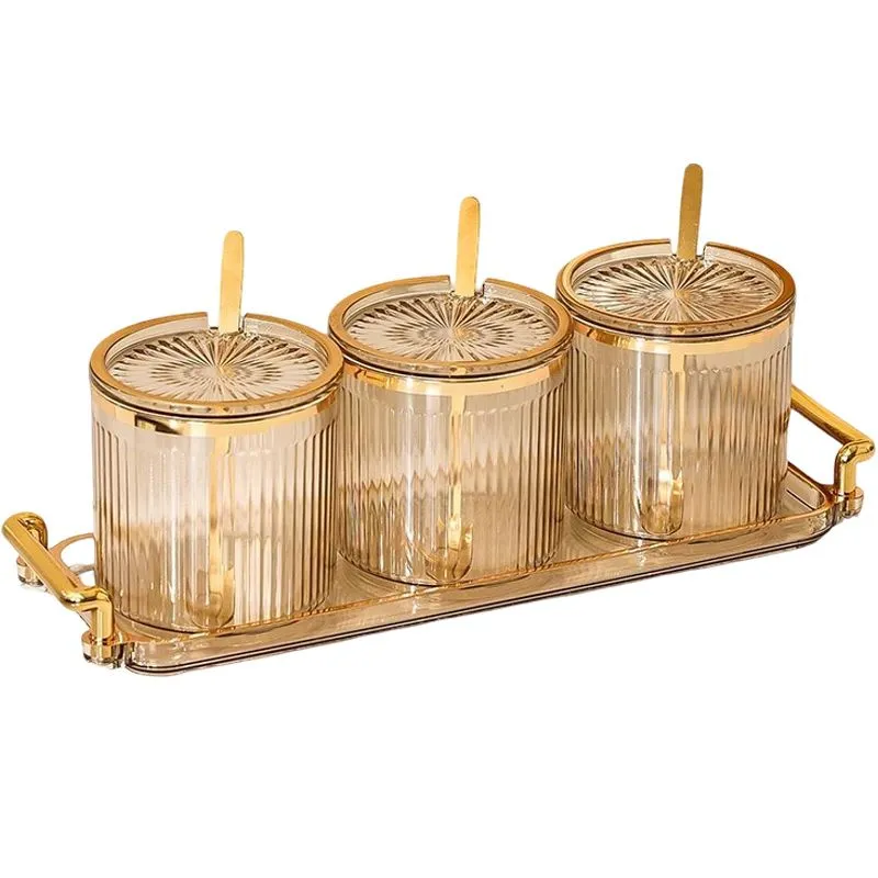Luxury 3 Piece Salt & Pepper Jar Set with Spoons Kitchen Storage Containers - Brown