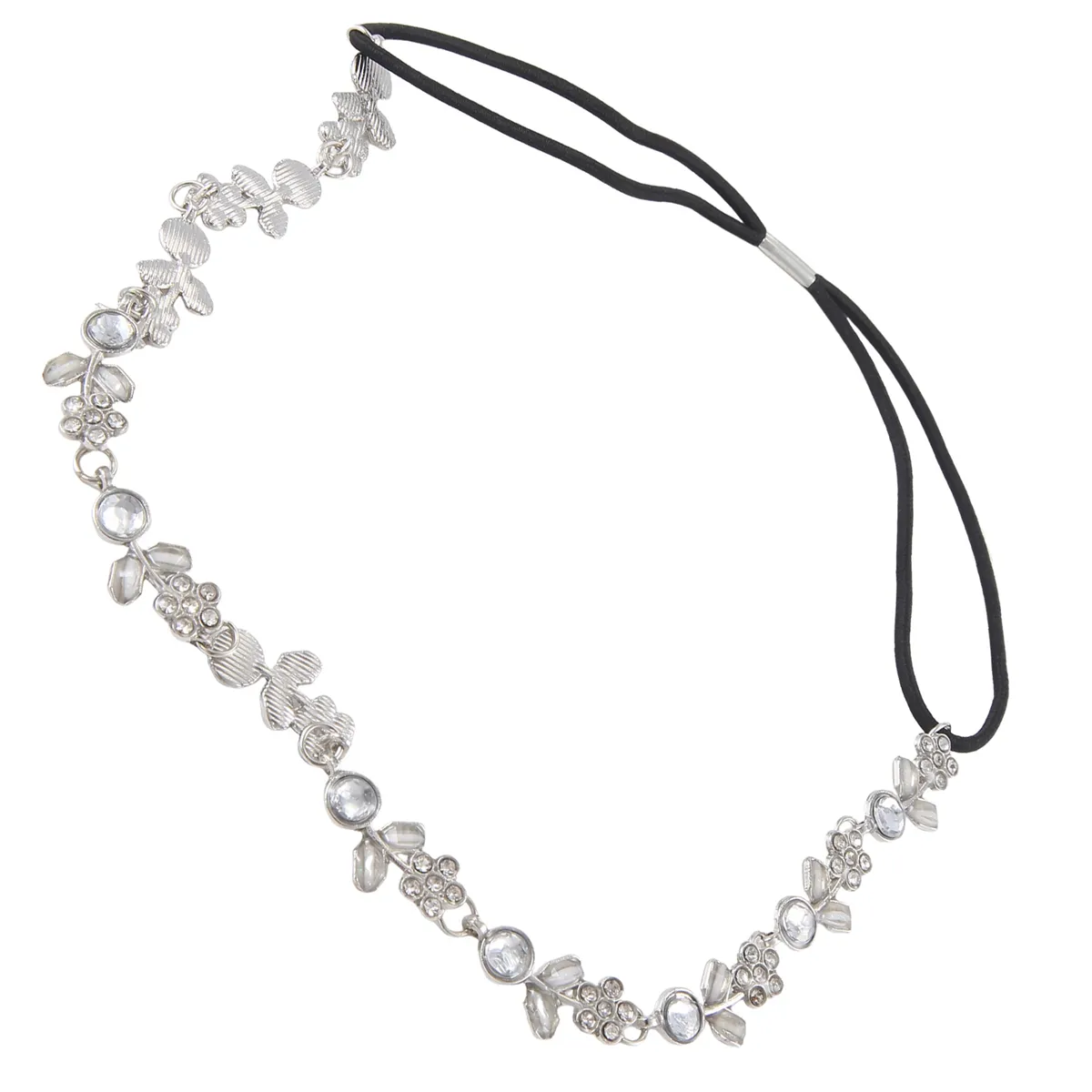 Hair Headband Elegant Elastic with Rhinestones Flowers for Women - Silver