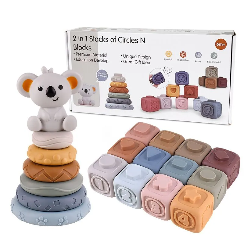 2-in-1 Soft Stacking Building Blocks & Soft Infant Teething Toys Montessori