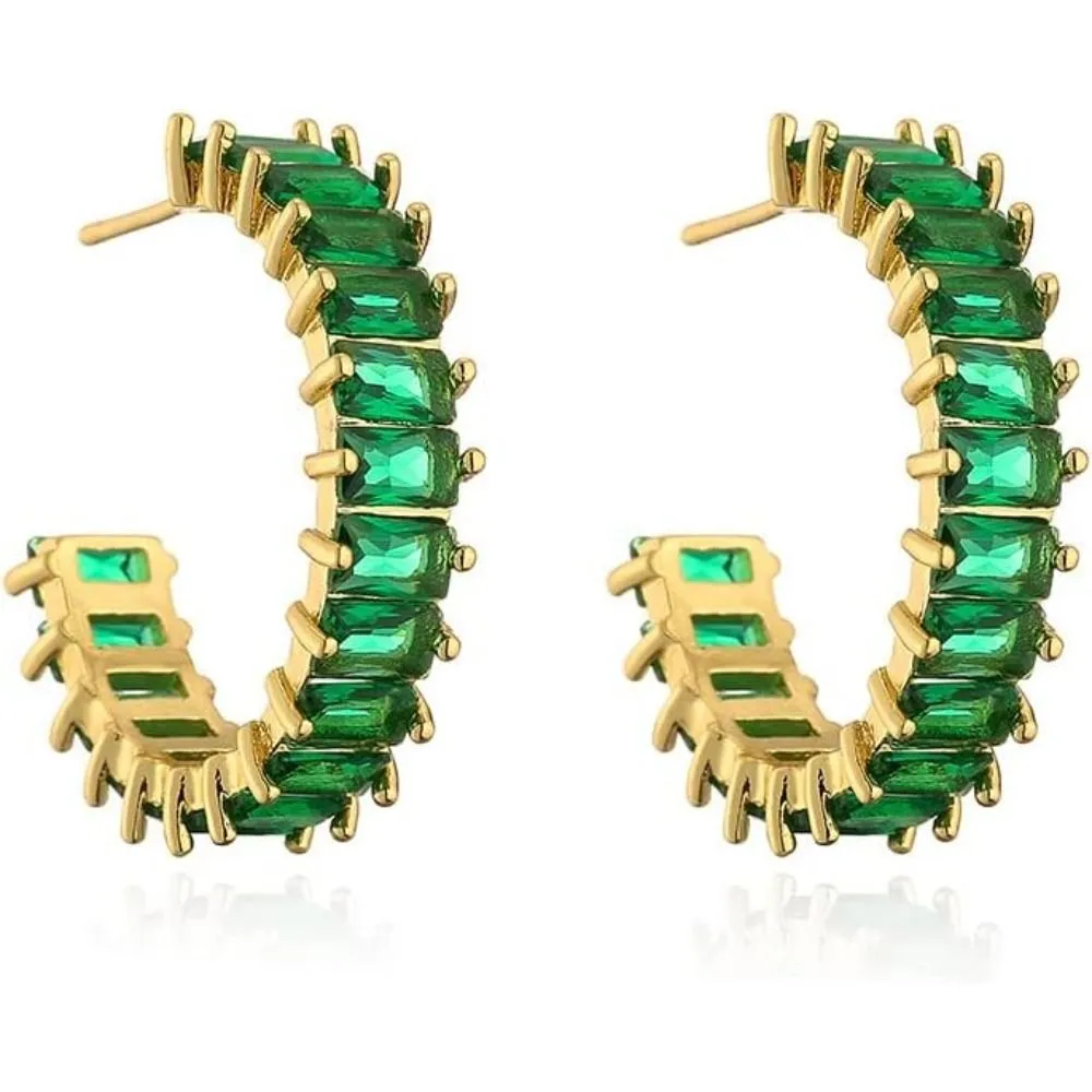 18K Gold Plated C Shaped Cubic Zirconia Chunky Small Hoop Earrings Women