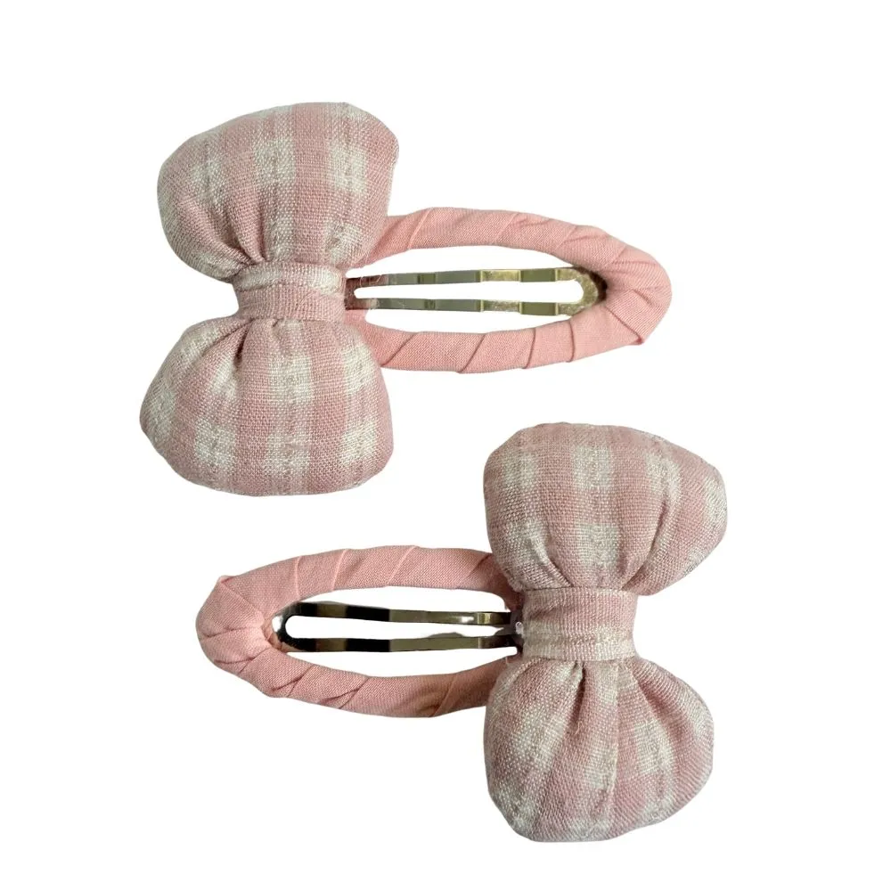Pink Gingham Check Bow Hair Clip Cotton for Girls, for Kids - Set of 2