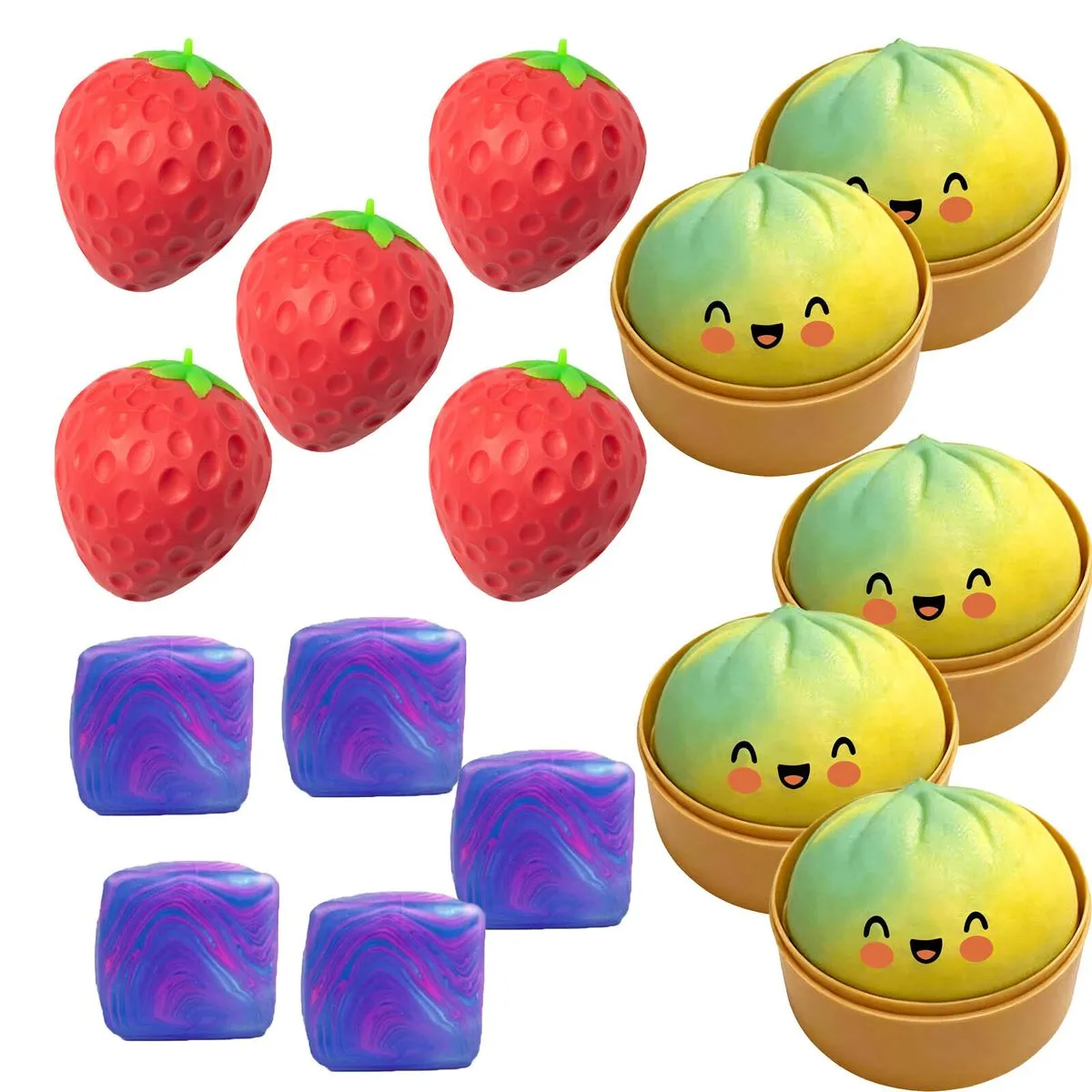 15 Pack of Strawberry, Cube, and Bun Squeeze toys, soft sensory toys