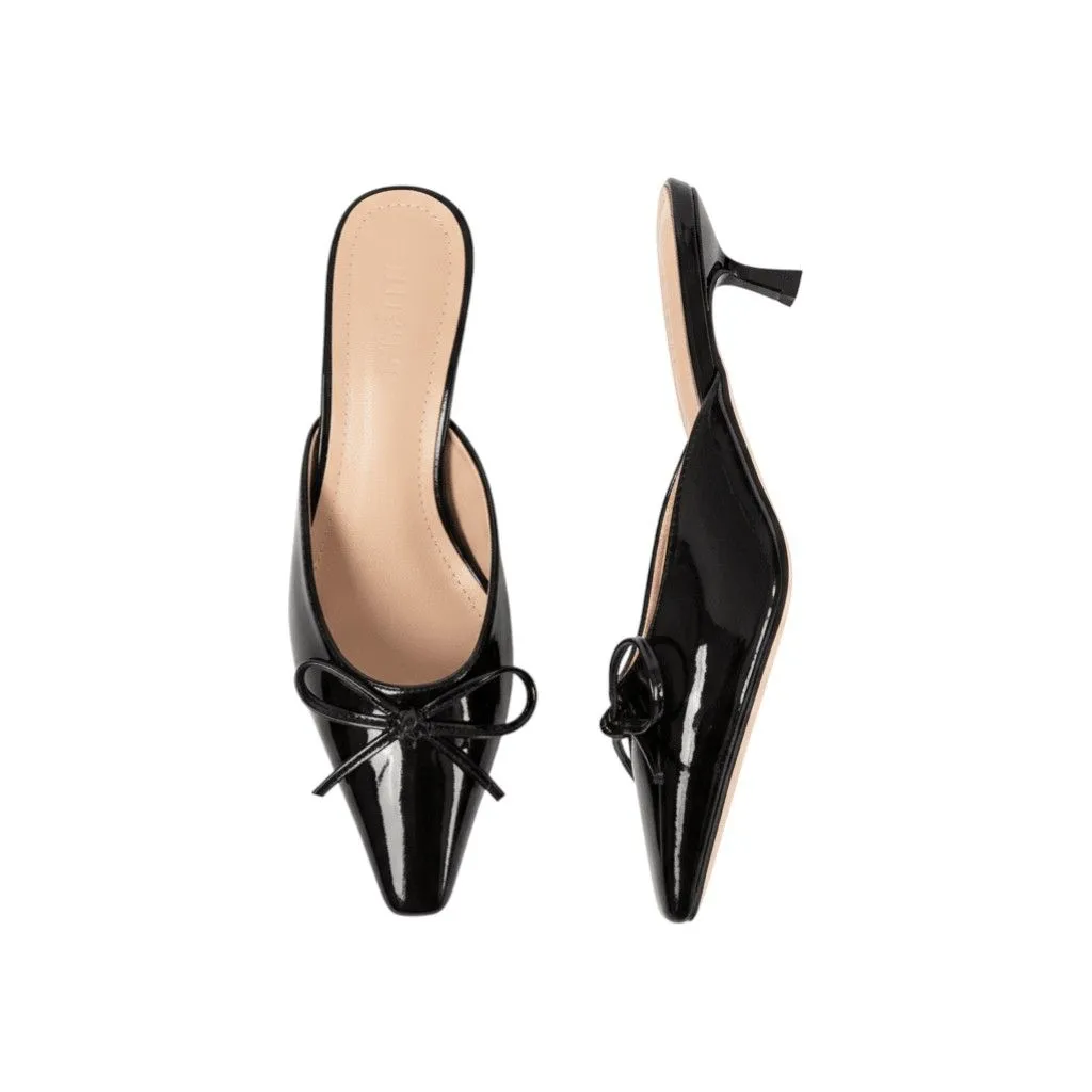 Women's Patent Bow Pointed-Toe Small Heels - Black