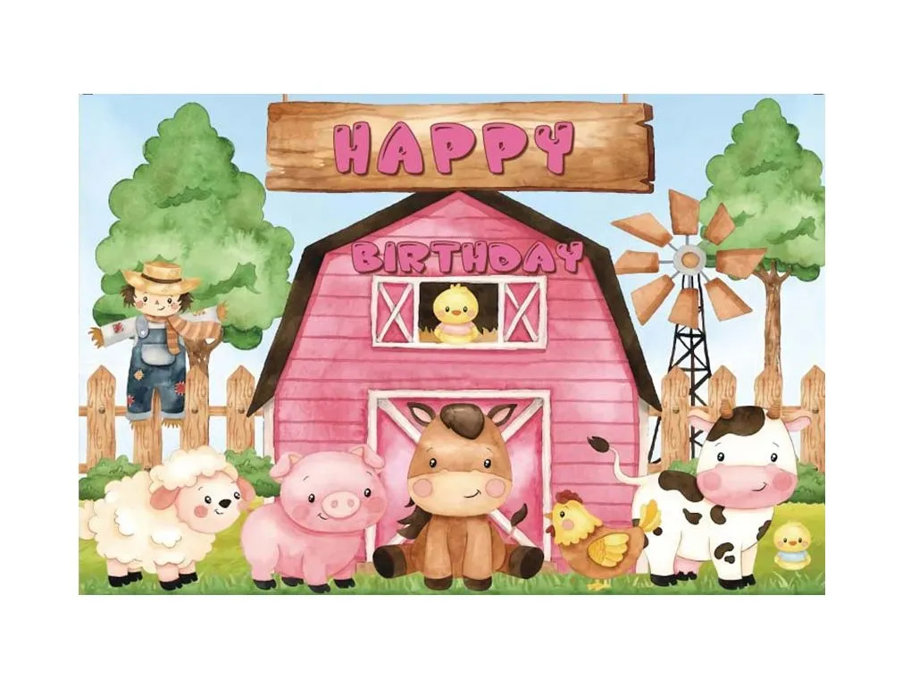 Small Kids Birthday Party Table and Photography Backdrop (Trees Barn Farm) - Pink