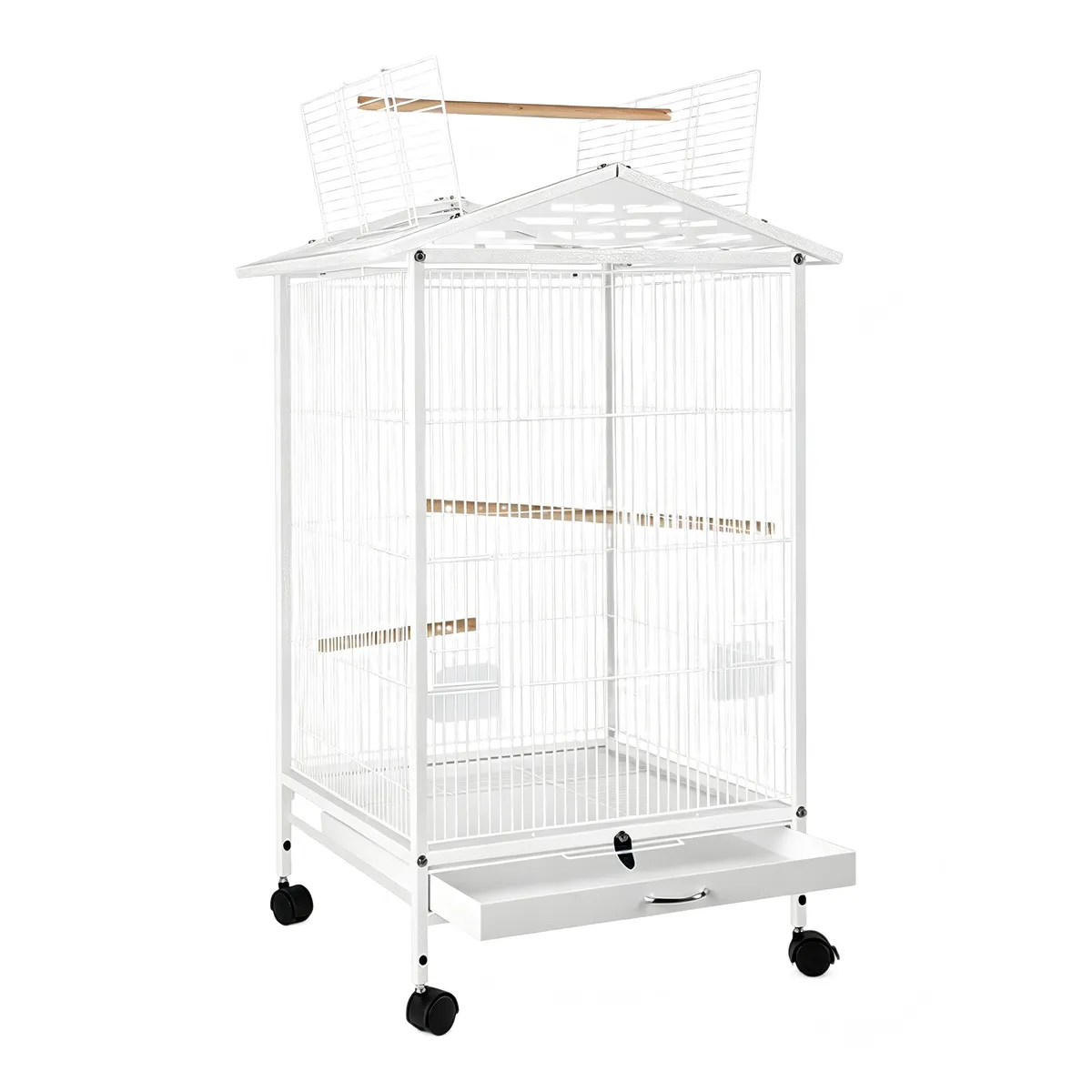 Large Birdcage with Rolling Frame and Sunroof Opening - White