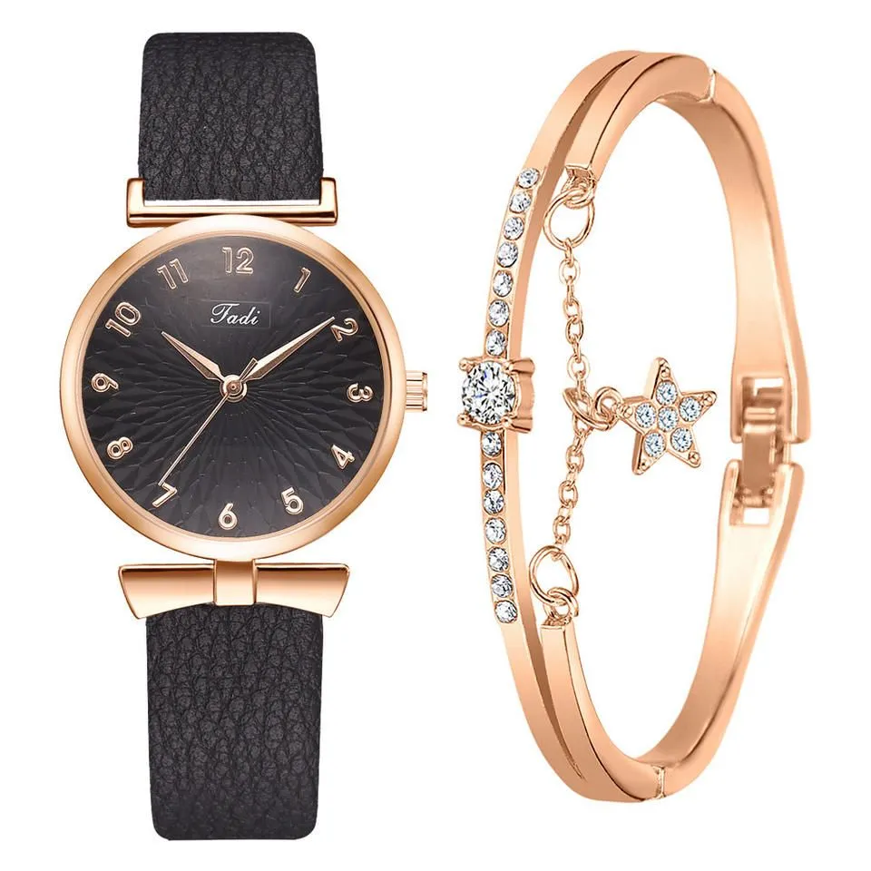 Watch Bracelet Set Women Waist Belt Crystal Quartz Watches - Black