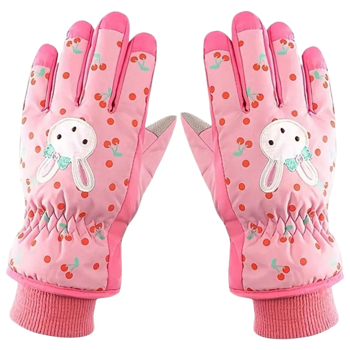 Kids Pink Cherry Rabbit Waterproof Ski Gloves - 5-Layer Warm Winter Gloves