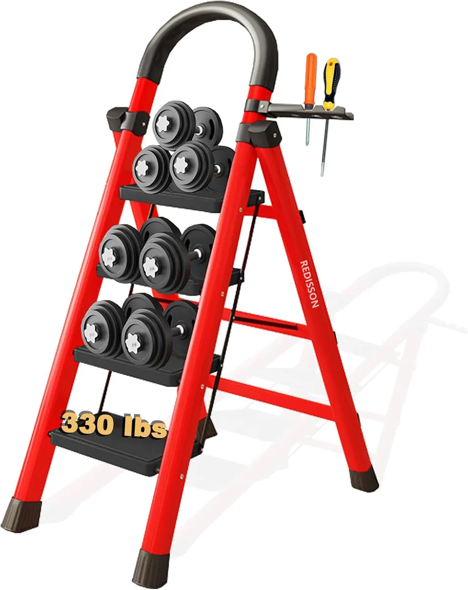 Round Headed 4 Step Ladder,Folding Step Stool,with Safety Buckle Tool Rack - 4 Step Red