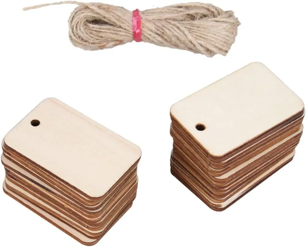 50Pcs Unfinished Wooden Rectangular Hanging Tags with Rope for Crafting