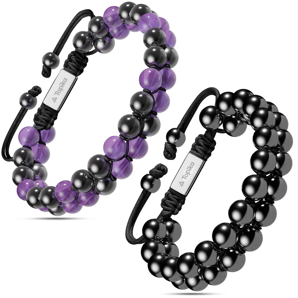 Topika Amethyst Bracelet, 6mm Magnetic Hematite for Men & Women 2 Pack