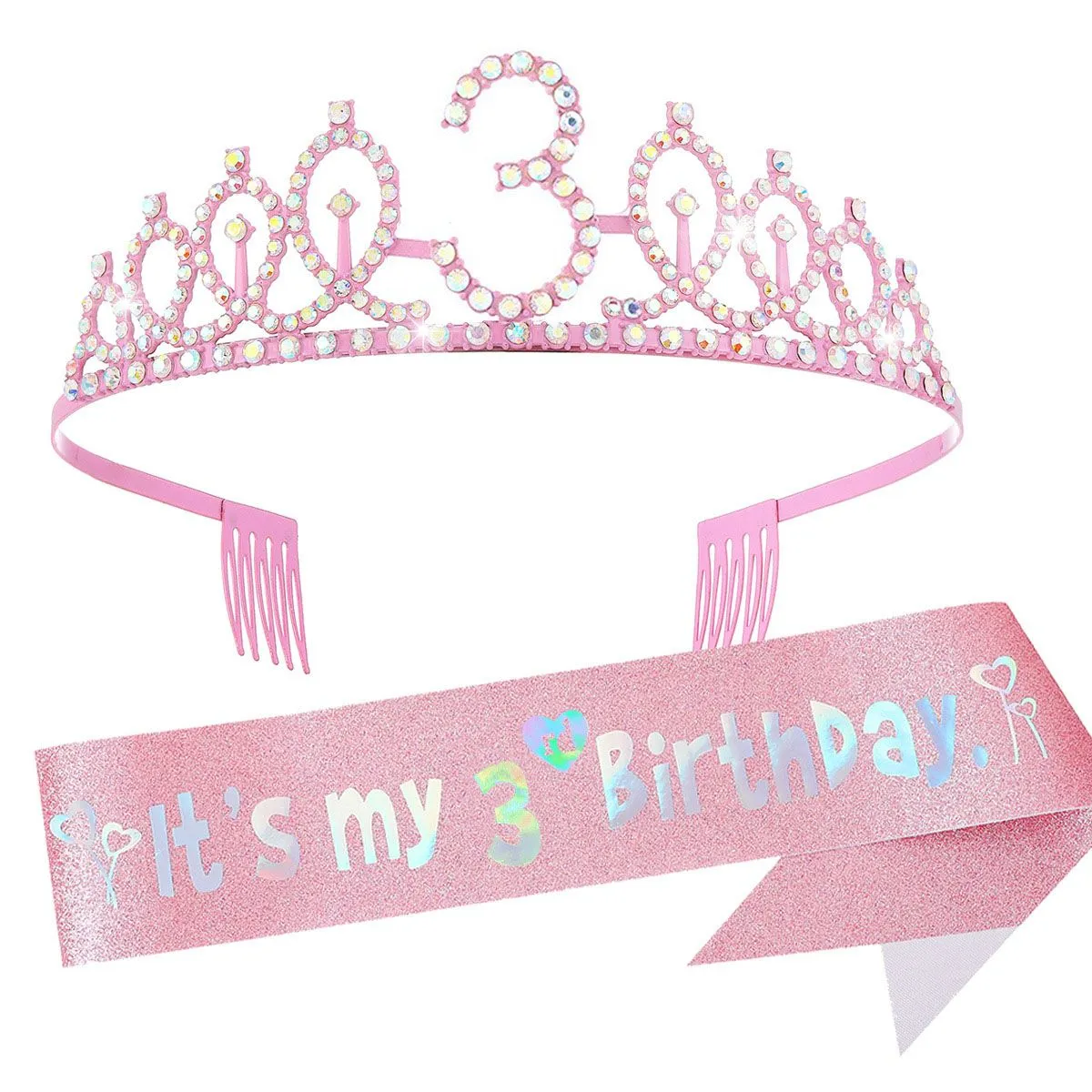 Birthday Sash and Crown Set Pink Party Supplies for 3 Year Old Girl's