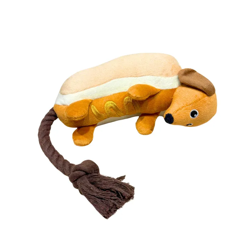 Hot Dog Dachshund Rope Dog Toy - Durable Plush Chew & Tug Toy (23cm)