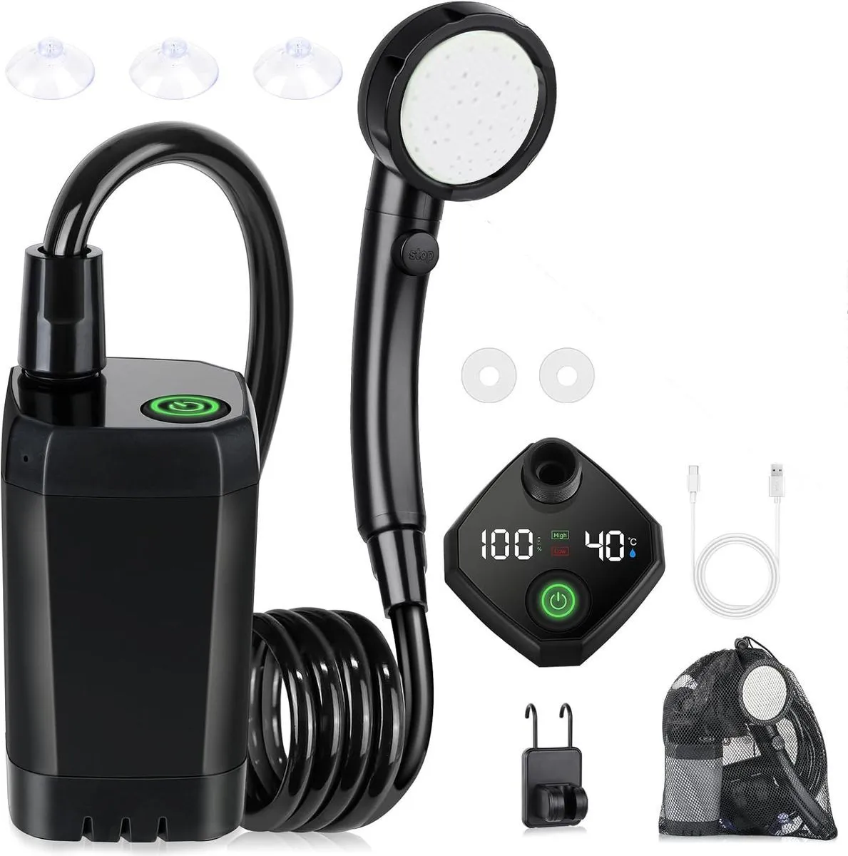 Portable Camping Shower Pump LED Display Type-C 6000mAh Black