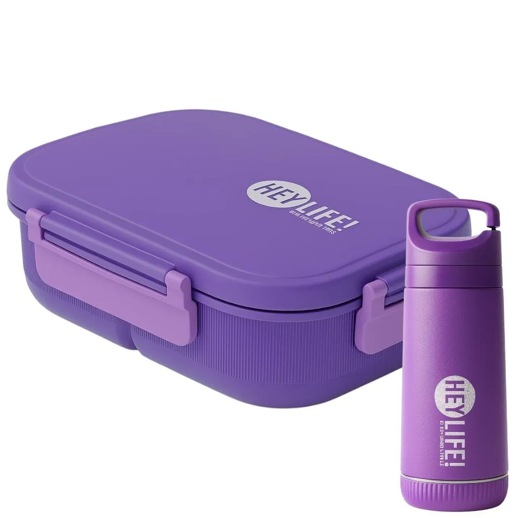 Leakproof Lunch Box Set and Water Bottle - 3-Compartment Lunch Container - Dark Purple