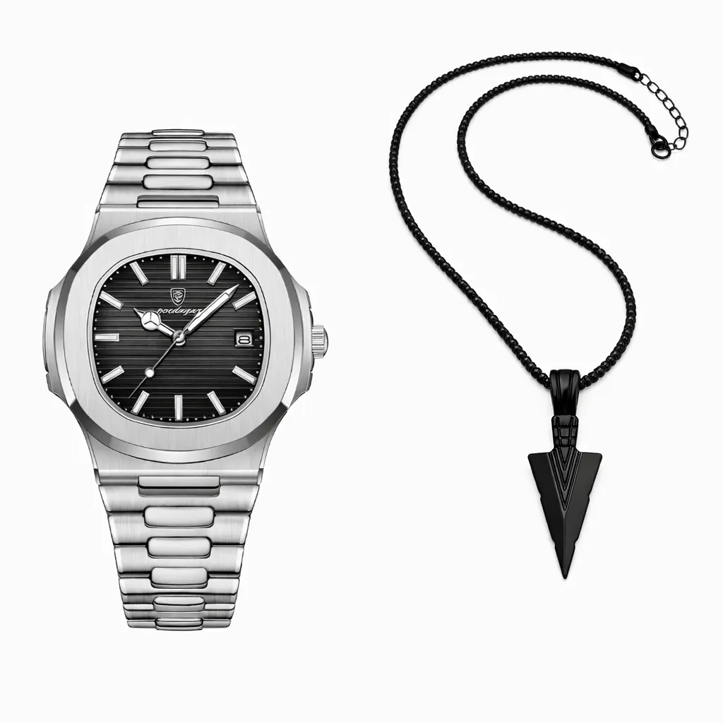 Poedagar Stainless Steel Wristwatch and Arrowhead Pendant Set - Black, Silver