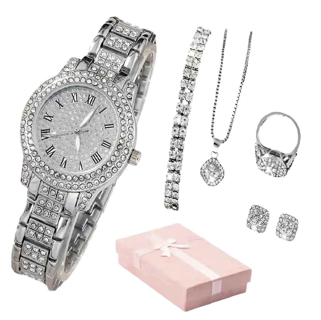 Women Gifting set Wrist Watch with Jewellery Earing Necklace Ring Bracelet