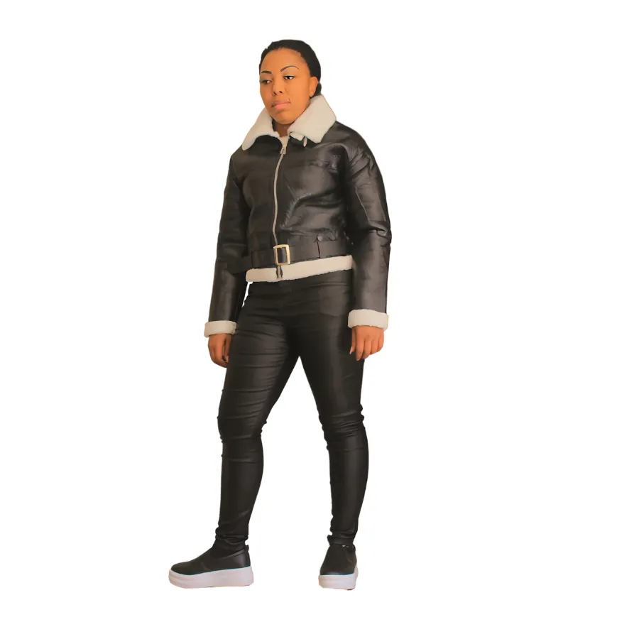Aries Collection Women's Canvas Shearling Biker Jacket - Black