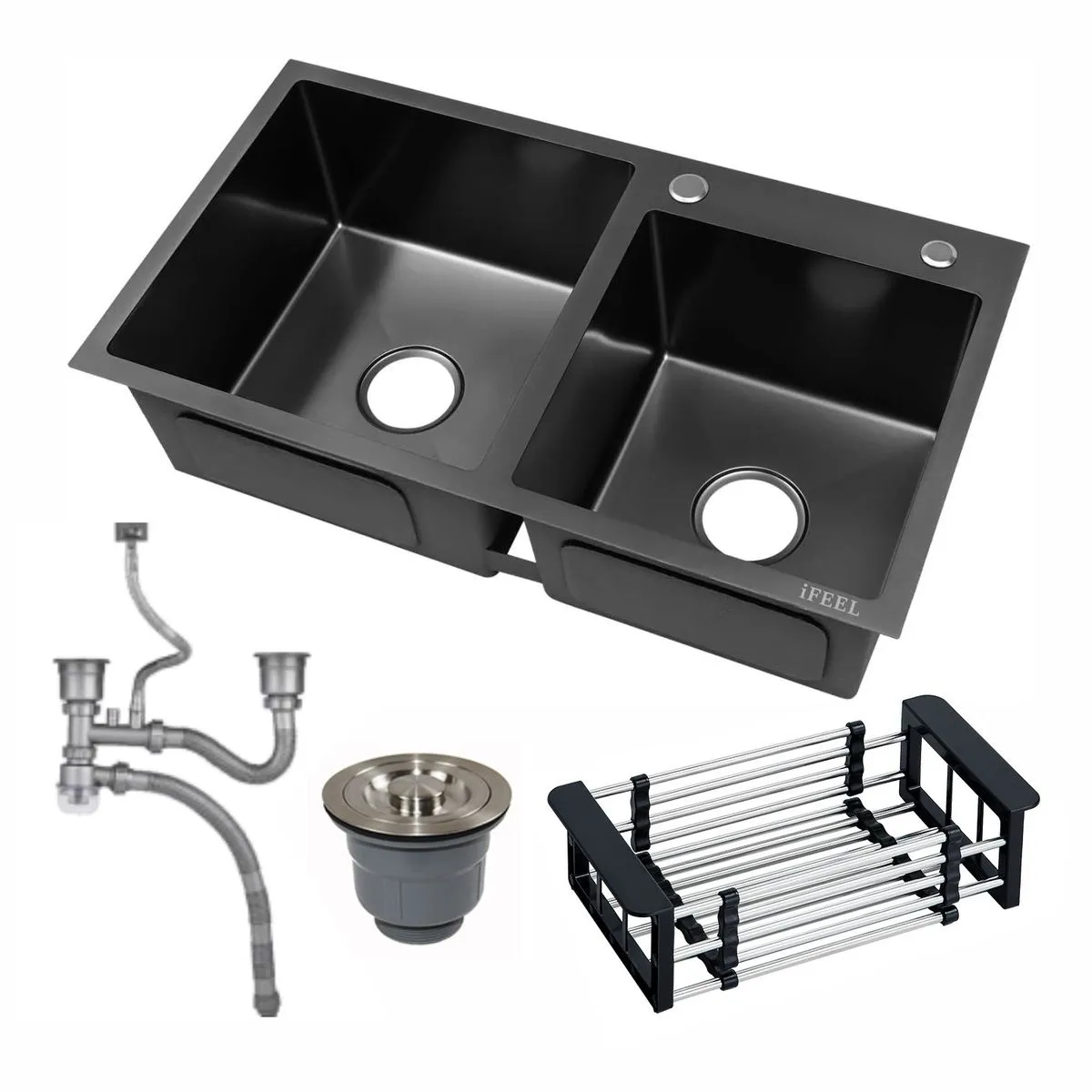 IFEEL Double Bowl Kitchen Sink with Downspout and Drain Basket - 82x45x22 - Grey