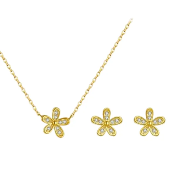 Women's 925 Sterling Silver Cubic Zirconia Floral Earring and Necklace Set - Gold