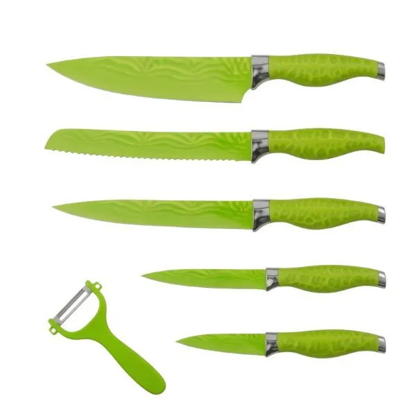 6 Piece Knife Set with Green Handles Stainless Steel Kitchen Knives &Peeler