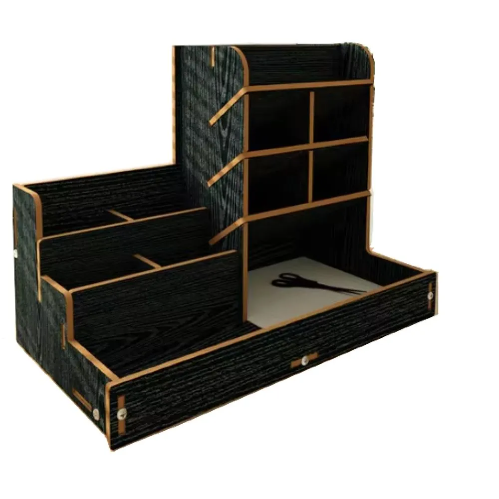 Stationery Office Wooden Pencil Storage Desk Organiser - 27.5cm - Black